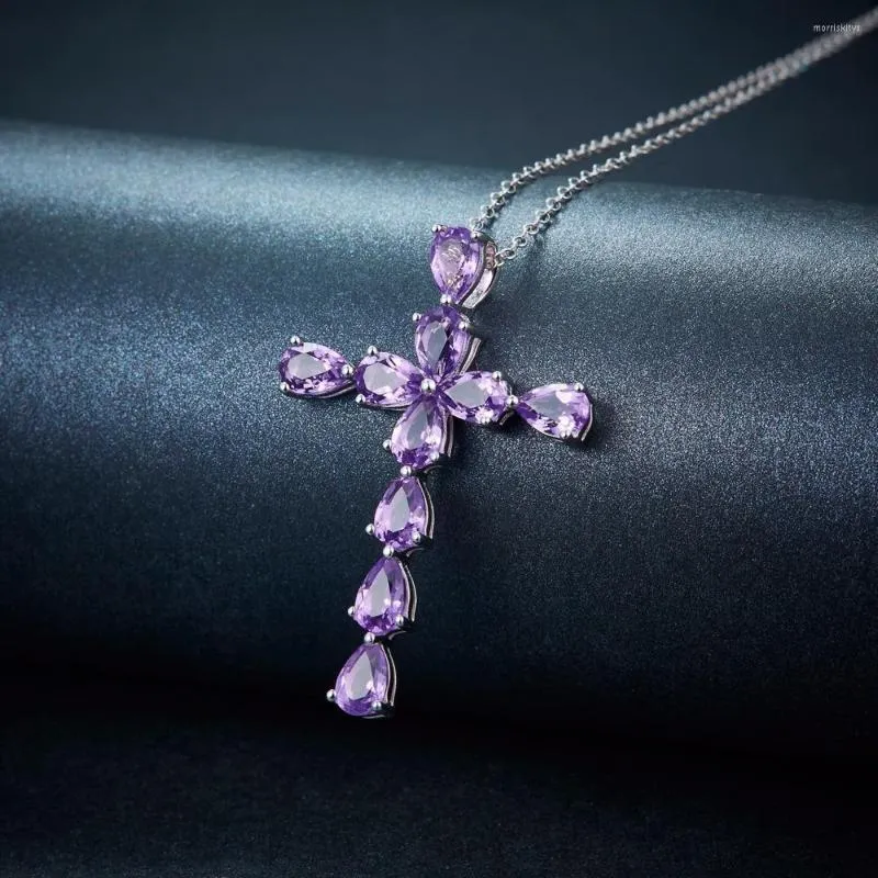 Kedjor 925 Silverpläterad Amethyst Natural Color Gem Cross Pendant Female ClaVicle Halsband Partihandel