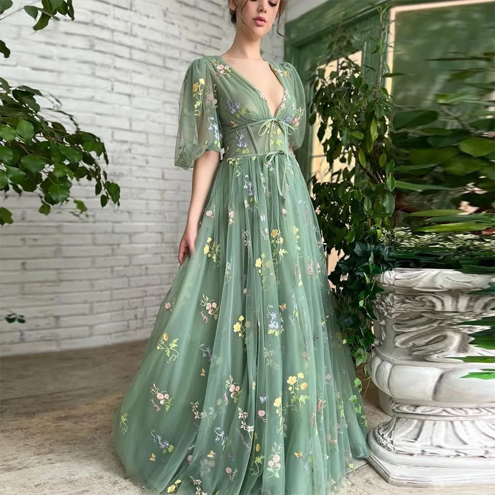 Party Dresses Sevintage Green Embroidery Lace Prom Dresses Puff ärmar A-Line Long Wedding Party-klänningar Öppna Back Tulle Evening Dress 230217