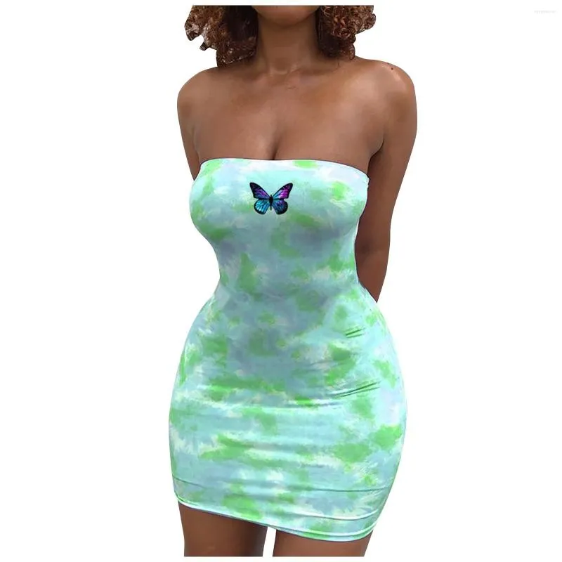 Casual Dresses Strapless Bodycon Vestidos Sheath Bandage Above Knee Sexy Off Shoulder Butterfly Tie Dyeing Printing Sleeveless Mini Dress