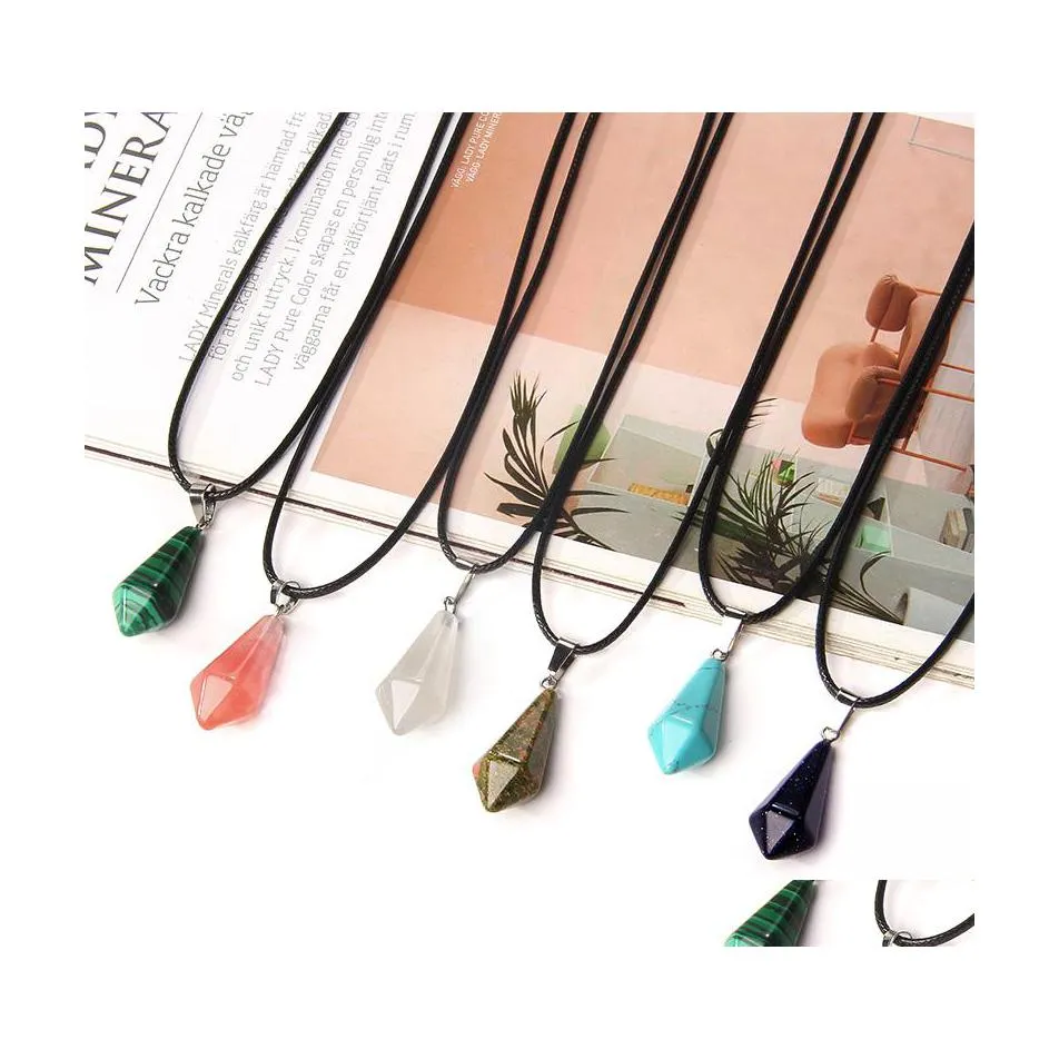 Pendant Necklaces Reiki Natural Stone Hexagonal Water Droplets Quartz Crystal Turquoises Tiger Eye Opal Aventurine Donuts Leather Ch Dhs1X