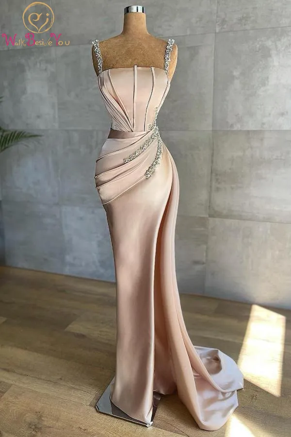 Sukienki imprezowe szampana długie sukienki na studniówkę syrenka wysoka łódka dekolt z koralikami paski spaghetti suknie wieczorowe eleganckie luksusowe tureckie 230217