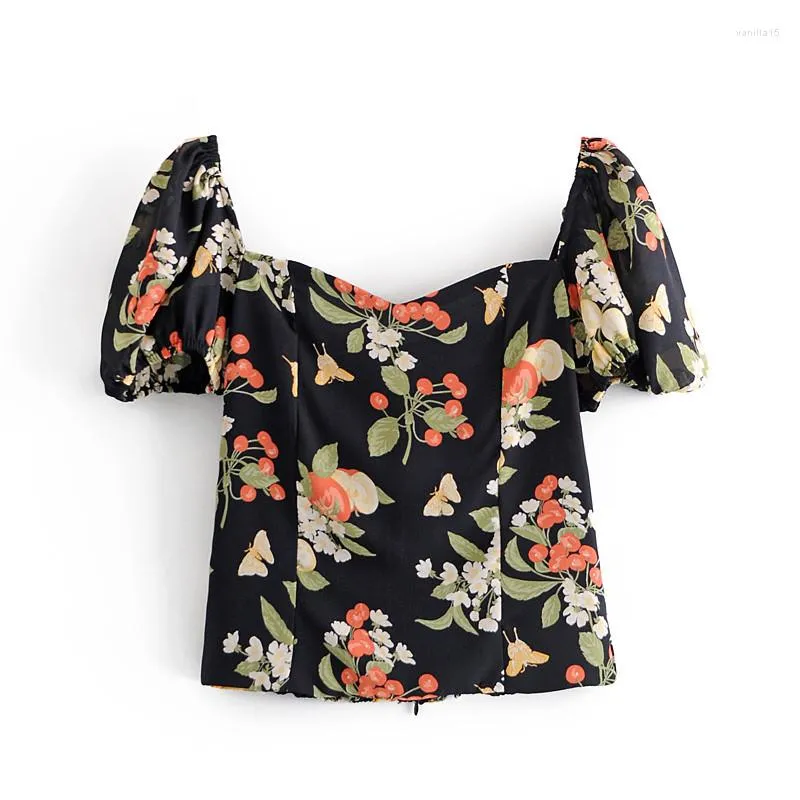 Blouses Femmes Evfer Femmes Vintage Col Carré Fleur Imprimer Noir Sprint Blouse Chic Dame À Manches Courtes Élégant Dos Zipper Élastique Tops