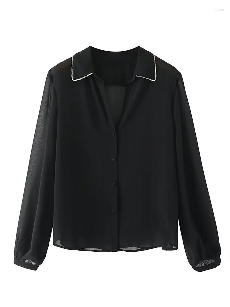 Женские блузки йенкей женщин винтажный воротник прозрачный черный рубашка с длинным рукавом шикарная женщина свободная блузка