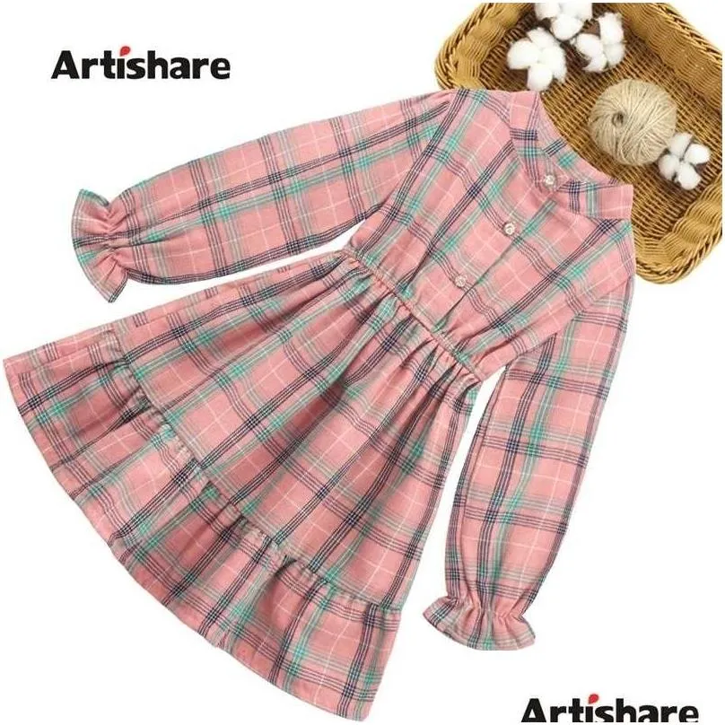 Flickans klänningar Big Girls Dress Plaid mönster Lång ärm för Teenage Girl Costume 6 8 10 12 14 220210 Drop Delivery Baby Kids Matern Dhxkg