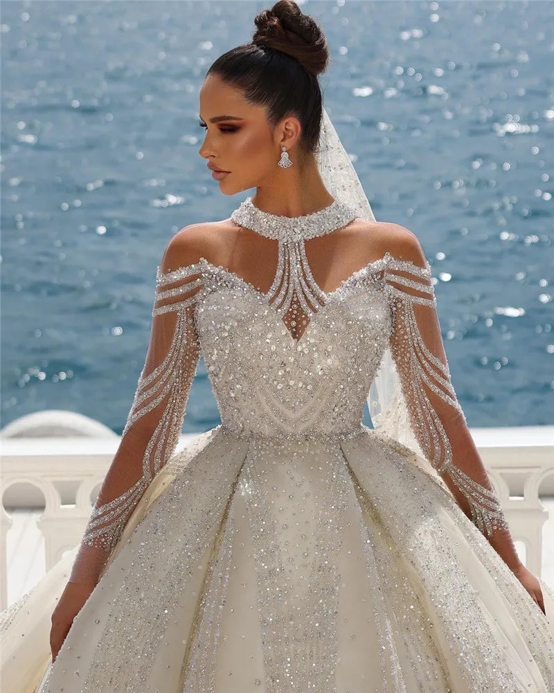 Luxurious Arabic Dubai Wedding Dresses Ball Gown High Collar Beadings Sequins Long Sleeve Crystals Bridal Gowns Long Train Robes BC15222