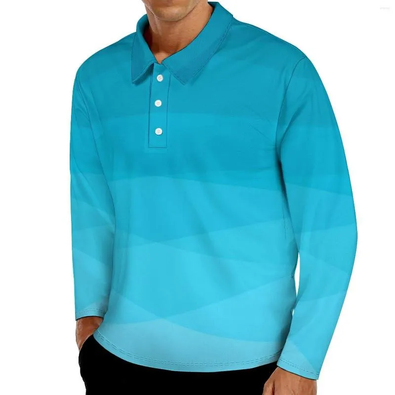 Polos pour hommes imprimé Polo décontracté dégradé bleu polygonal T-Shirts à manches longues graphique jour Streetwear vêtements surdimensionnés cadeau