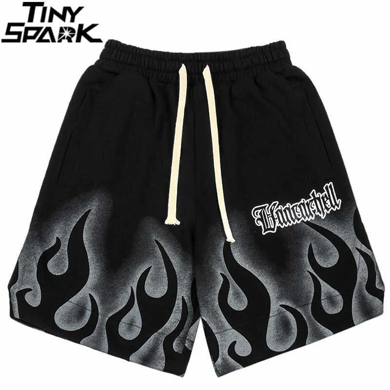 Men's Shorts Hip Hop Streetwear Harajuku Shorts Sweatpants Fire Flame Printed Shorts 2023 Men Cotton Jogger Shorts Summer Track Short Black Z0216