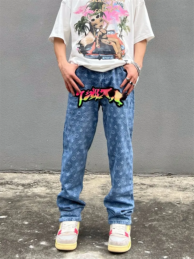 Men's Jeans High Street Flocked Embroidery Gradient Jeans Men's Ins Tide Brand Loose Straight Full Print Pants