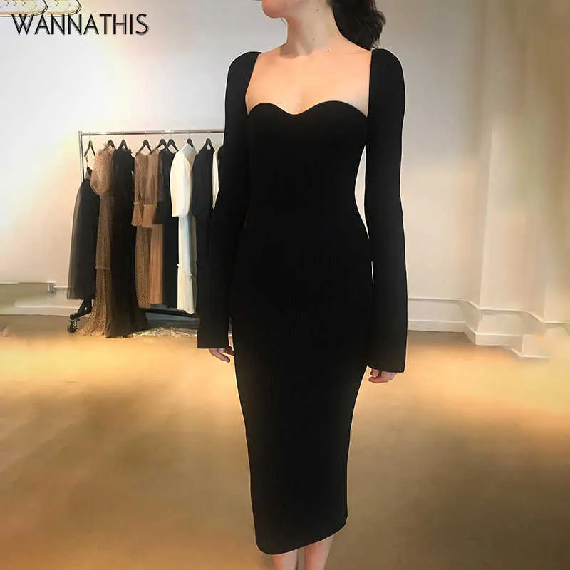 Casual Dresses Wannathis Slash Neck Sticked Midi Dress For Women Sexig svart elegant fest bär långärmad kroppskon modeklänningar hösten 2021 z0216