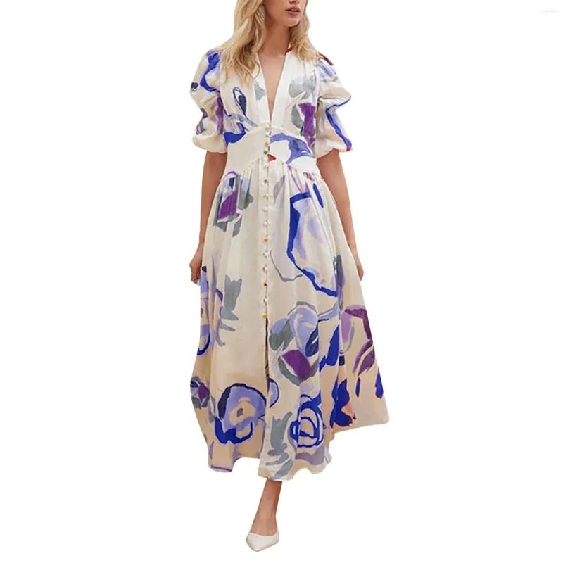 Casual Dresses Women Floral Print V Neck Button Cardigan Sexig klänning Kort ärm Formell cocktail för sommaren