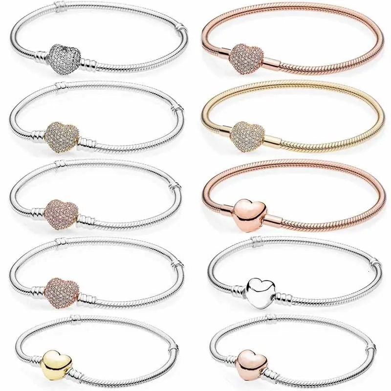 Bracelet Original en or Rose Moments fermoir coeur avec Bracelet en cristal Fit Europe 925 bijoux de charme en argent Sterling 230216