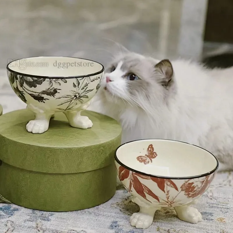 Designer Cat Bowls, Verhoogde hondenvoer- en waterbakset, Porseleinen schaal voor huisdieren met standaard, Stressvrij, Terugstroompreventie, Vaatwasser- en magnetronbestendig Herbarium J10