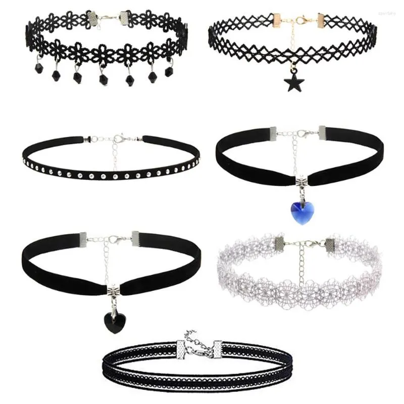 Choker 7 stks/set gotische punkstijl fluwelen ketting voor vrouwen vintage sexy kant met hangers meisje nek sieraden
