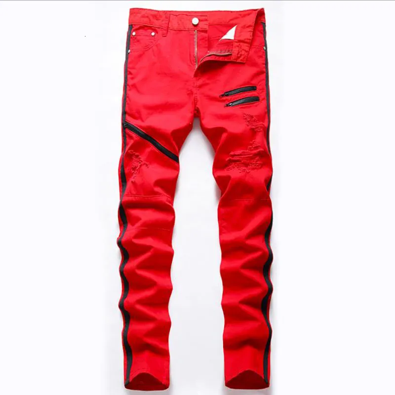 High Street Mens Straight Hole Ripped Jeans Distressed Denim Pants Men Fashion Hip Hop Zipper Designer White Red Cotton Jeans