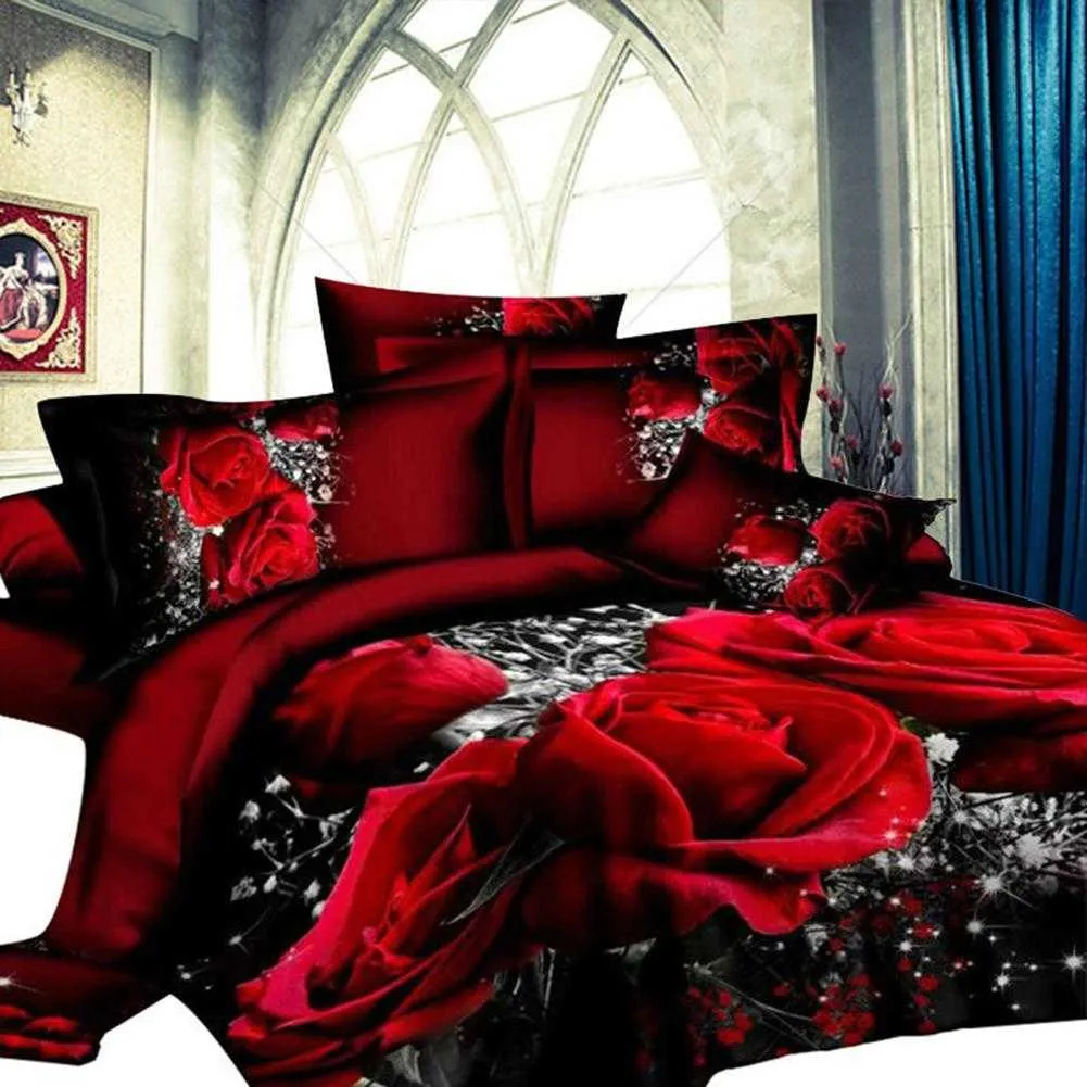 Yatak Setleri 4pcs 3D Yatak Çizgisi Keten Kılıf Kapağı Ev Yatak Seti Kılıf Kırmızı Gül Çiçek Yatak Seti Çift İkiz Kral Tekstil