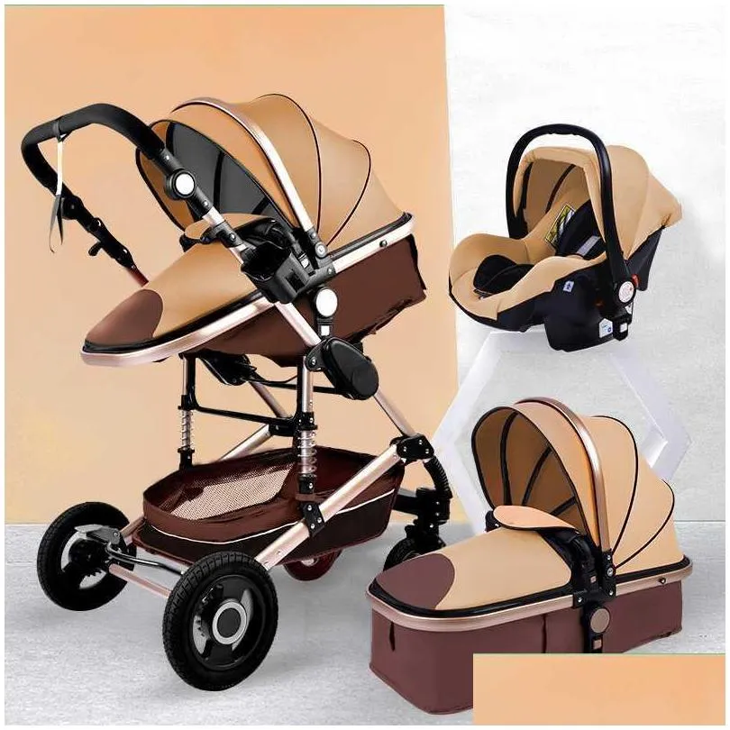 Strollers# Luxury 3 in 1 Baby Stroller Portable High Landscape Gold Black Carriage Folding Mtifunctional Newborn Infant Stroller1 Dr soft