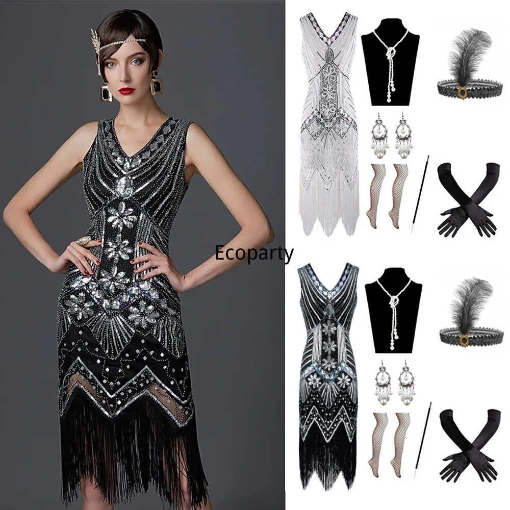 Robes décontractées Nouvelles femmes 1920s rétro élégant robe à clapet magnifique Gatsby fête Cosplay sans manches paillettes perlées robes de gland femme robes Z0216