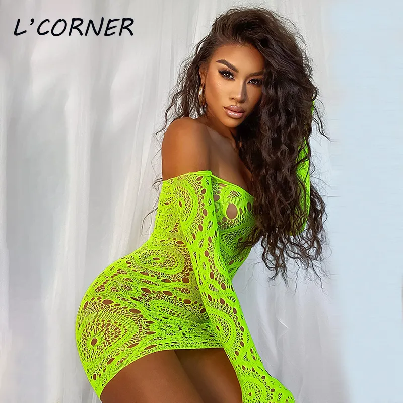 Robes décontractées Néon Jaune Été Sexy Mesh Seethrough Bodycon Court pour les femmes Tenues de vacances Mini 230216