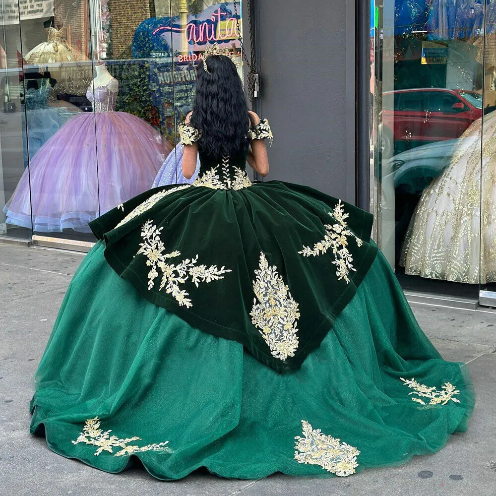 Esmerald Green Velvet M￩xico Quinceanera Vestidos 2023 Vestido De Bola Gold  Applique Off Ombro Sweet 15 Dress Vestage Vestidos De Xv Charro Formal Prom  Dress For Women De Bridalstore, $801,64