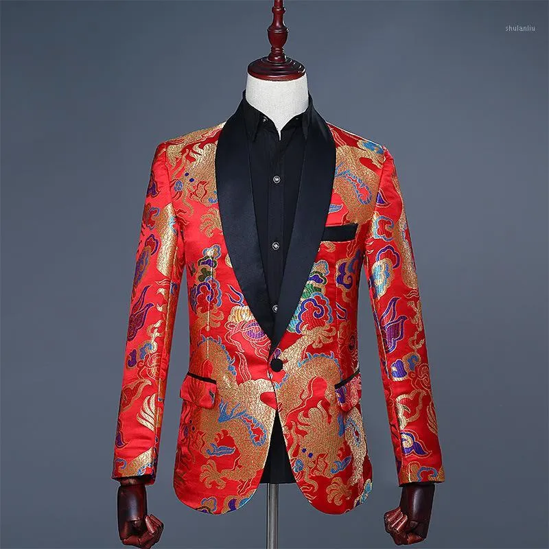 Herrdräkter mode 2023 män kläder bankett klänning kostym scenen män blazer polyester singe knapp röd casual blazers kinesiska stil s