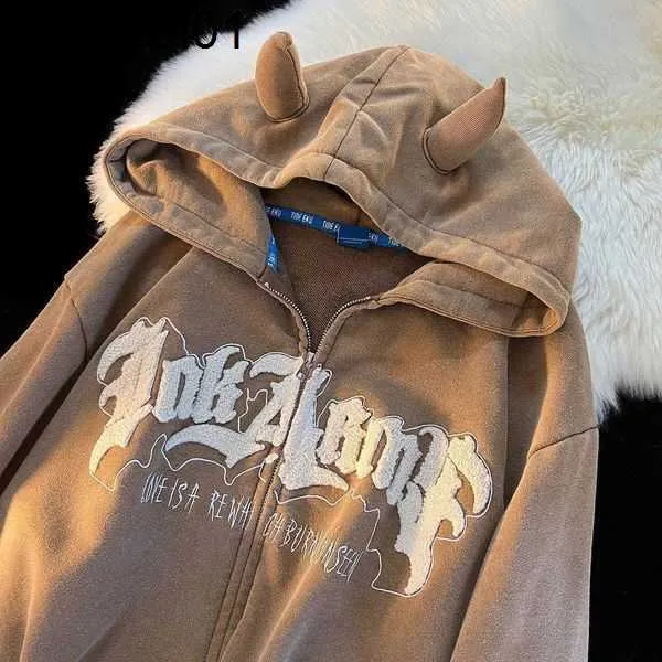 Mens Zipper Oversized Hoodie Women With Horn T Spot Broidery Mens Zipper Oversized Hoodie Women With Horn T Spot Broidery