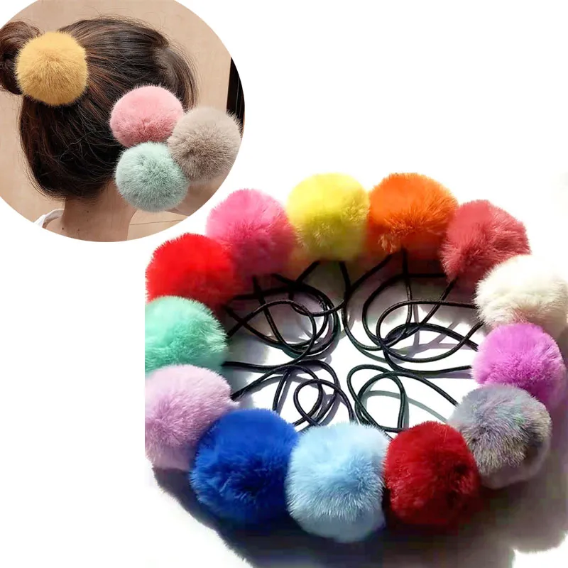 20pcs/ Furling Girl Faux Rabbit Fur Pompoms Rubber Elastic Hair Bands Soft Hand Made Ball Hair Scrunchies Hair Accessories