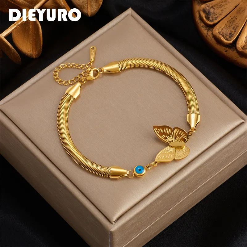 Очарование браслетов Dieyuro 316L из нержавеющей стали Золото -цвет Blue Eye Bracelet Butterfly для женщин роскошные модные девочки для девушек подарки на запястье 230216