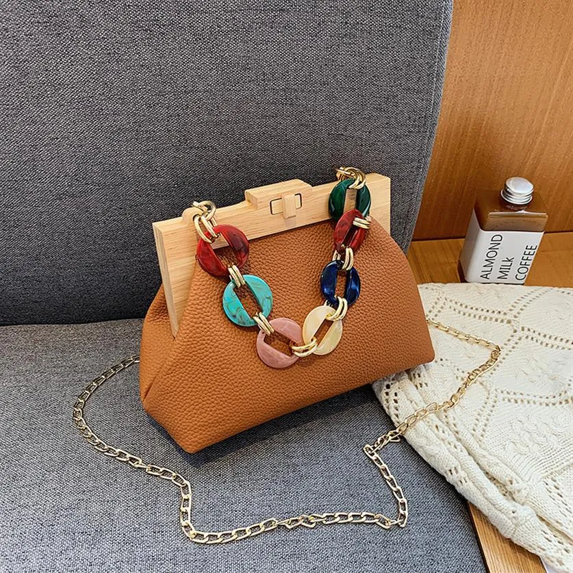 Bolso diarioMarca cadena femenina bolso de hombro diseñador bolsos de moda dama de lujo mango de madera clip mujer monederos bolsos crossbody satc254N