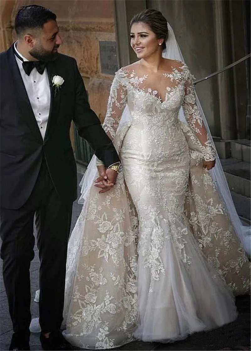 Vintage Long Sleeve Wedding Dresses With Detachable Skirt Sheer jewel Neck Lace Appliques Beads bridal Gowns Plus Size Custom Made Robes BC15195