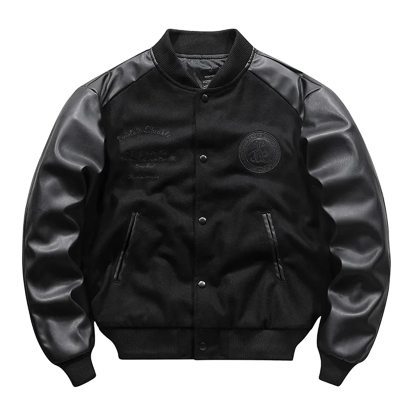 Männer Jacken Männer PU Leder Patchwork Schwarz Baseball Jacke Vintage Woolen Splice Bestickt Flug Mantel für Männer 230217