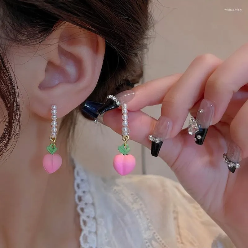 Boucles d'oreilles pendantes coréen doux rose en forme de C perle pêche pour les femmes mode simulé coeur boucle d'oreille fête bijoux cadeaux