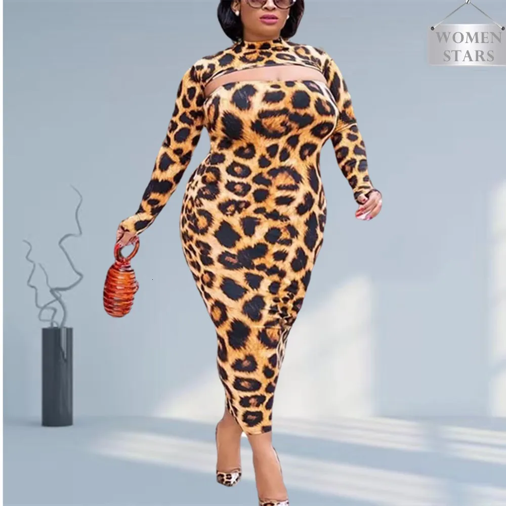 Vestidos De Talla Grande L 5xl Ropa De Mujer De Talla Grande Sexy Ahueca Hacia Fuera El Vestido Largo Elegante Elastico Con Estampado De Leopardo Ropa De Otono Gota Al Por Mayor