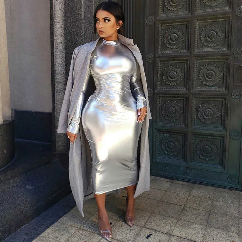 Casual Dresses BKLD Fashion Gold Silver Bodycon Sexy Cocktail Party Dresses Elegant Womens Slim Fit Long Sleeve Metallic Holographic Midi Dress Z0216