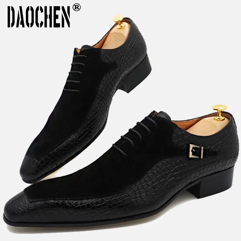 Dress Shoes Luxury Men Ox Lace up Split Toe Coffee Black Formal Suede Patchwork prints Leather 230216