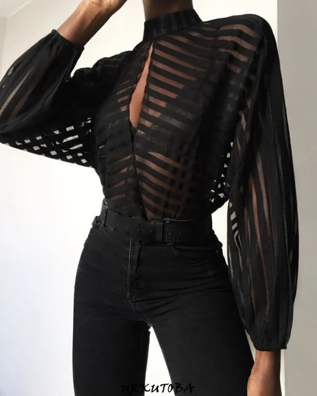 Chemisier Femme Manches Longues Transparent - Dos Ajouré Avec Lacets - Noir - Polyester - Taille Petite - Neuf Avec étiquettes