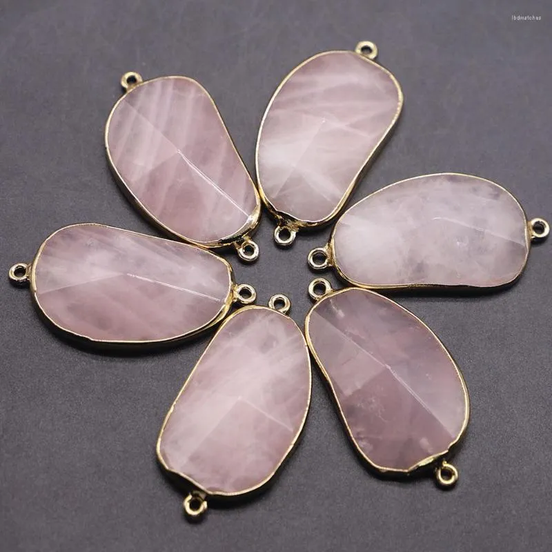 Pendentif Colliers 30 24mm Pierre Naturelle Rose Quartz Charmes Connecteur Double Trou 6pcs Pour DIY Femmes Hommes Bijoux Bracelet Fabrication En Gros