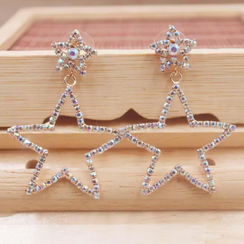 Dangle Earrings Rhinestone Star Shape Long Female Net Red Exaggerated Crystal AB Stone Dangling