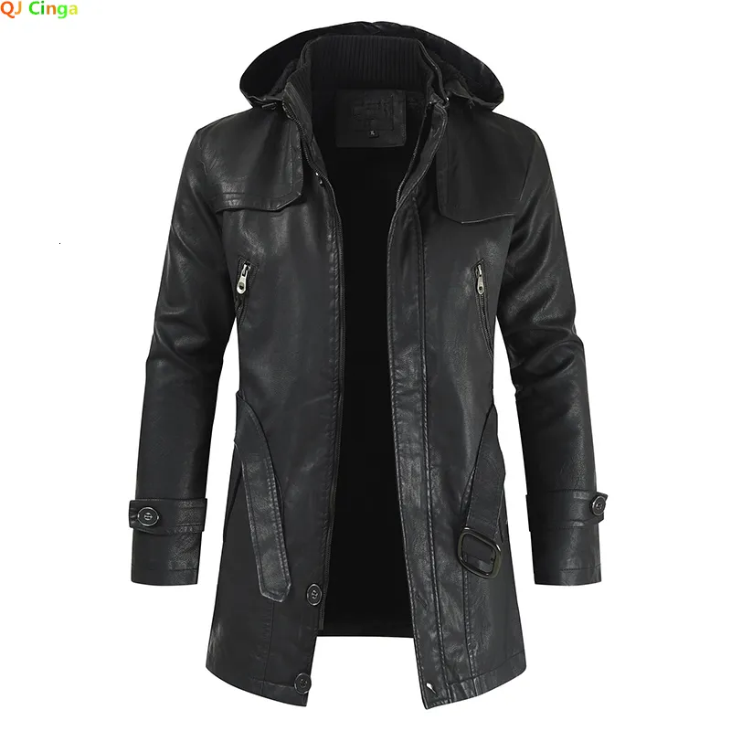 Men's Jackets Black PU Hooded Leather Jacket Removable Cap Biker Coats Brown Fashion Casual Windbreaker Male Overcoat 230217