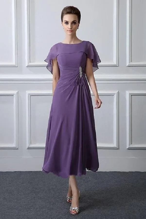 Purple Chiffon A Line Motherof The Bride Dresses With Pleats And Cape Shawl Tea Length Plus Size Perfect For Weddings Proms And Formal Evening Wear In Summer From Chicweddings 88.19 DHgate.Com