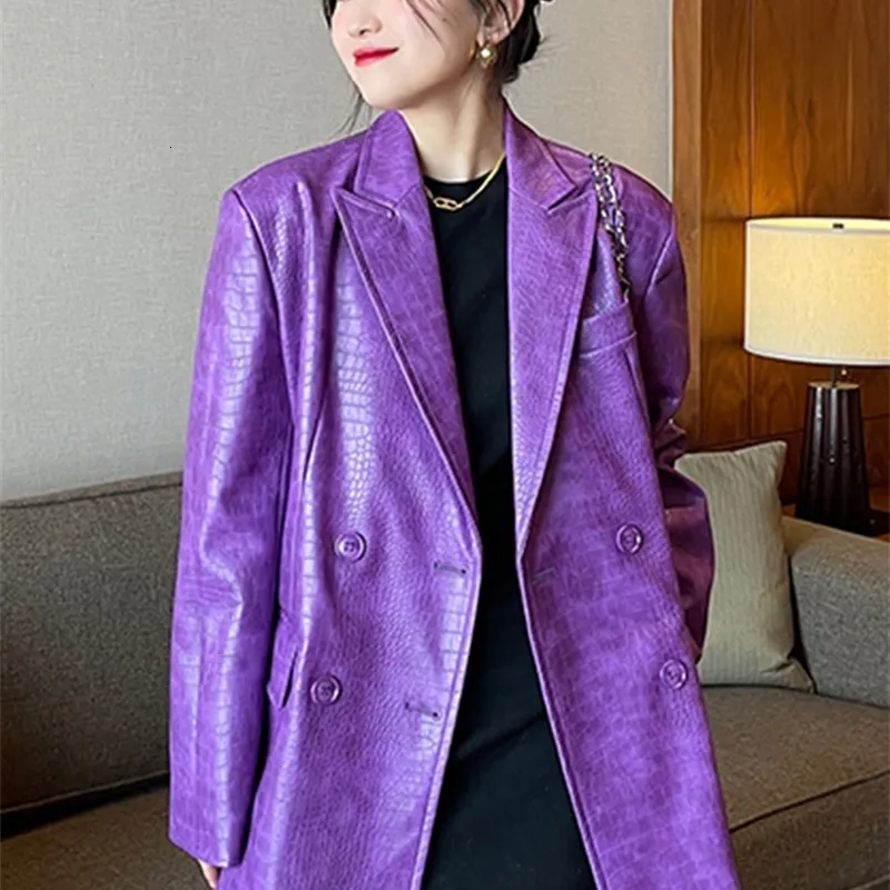 Womens Leather Lautaro Autumn Oversized Shiny Purple Pattern Faux Leather Blazer Women Long Sleeve Double Breasted Y2K Jacket Fashion 230216