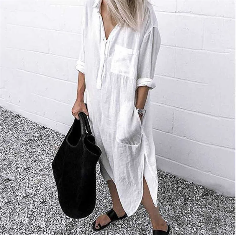 Casual Dresses 2022 Autumn Cotton Women's Dress White Oversize Casual Long Shirt Dresses Female New Summer Loose Fashion Beach Ladies Clothes Z0216