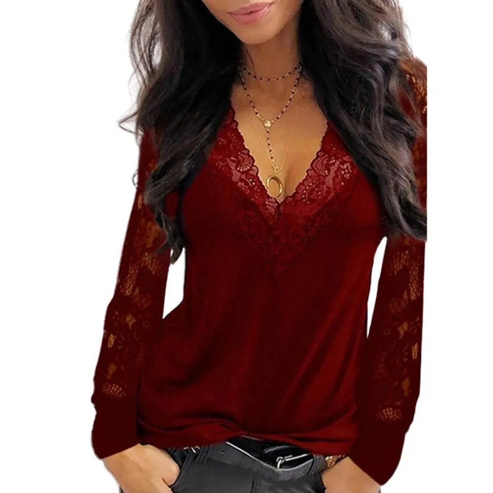 Women's Blouses Shirts Female Tops Pullover Sexy Women Deep V Neck Lace Trim See Through Long Sleeve Top Solid Vintage 230217