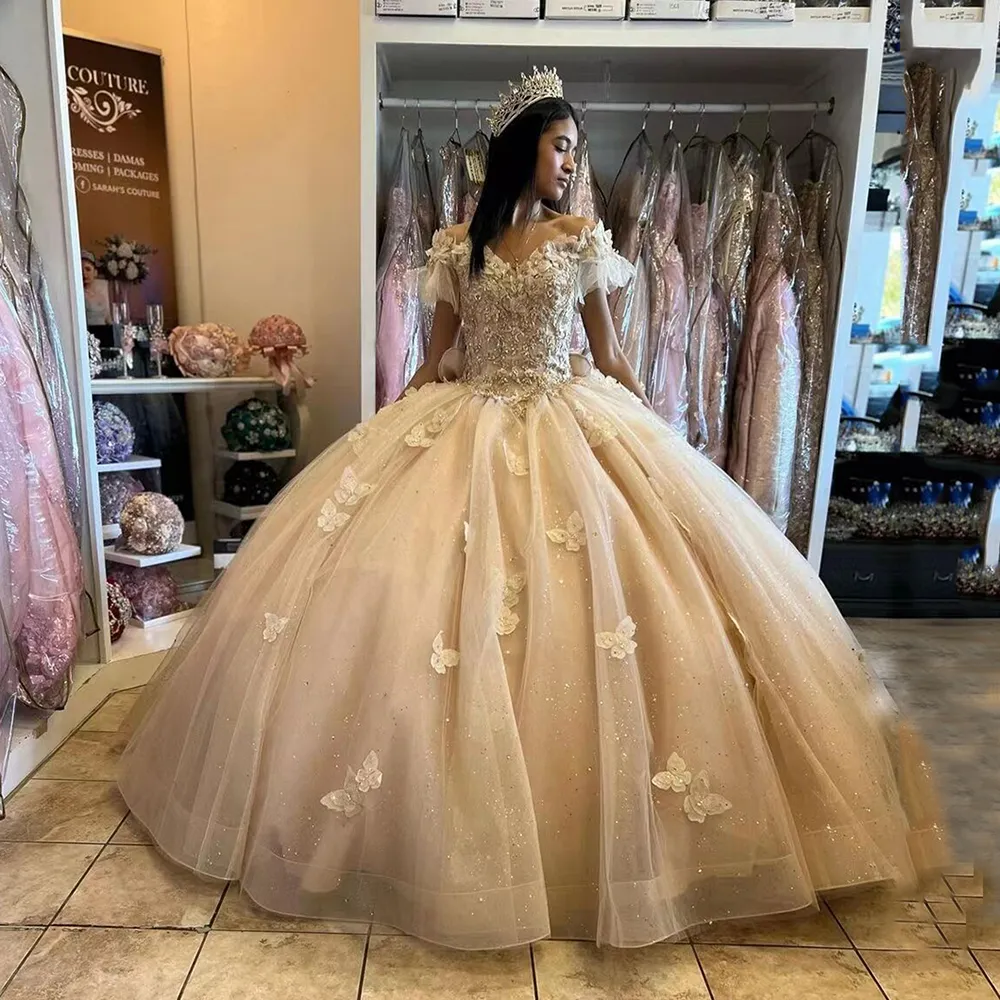 Принцесса шампанское платья Quinceanera 2023 Пушистые бальные платье платье с бабочкой сладкое 15 платье на день рождения vestidos de xv anos роскошное корсетное платье для лука