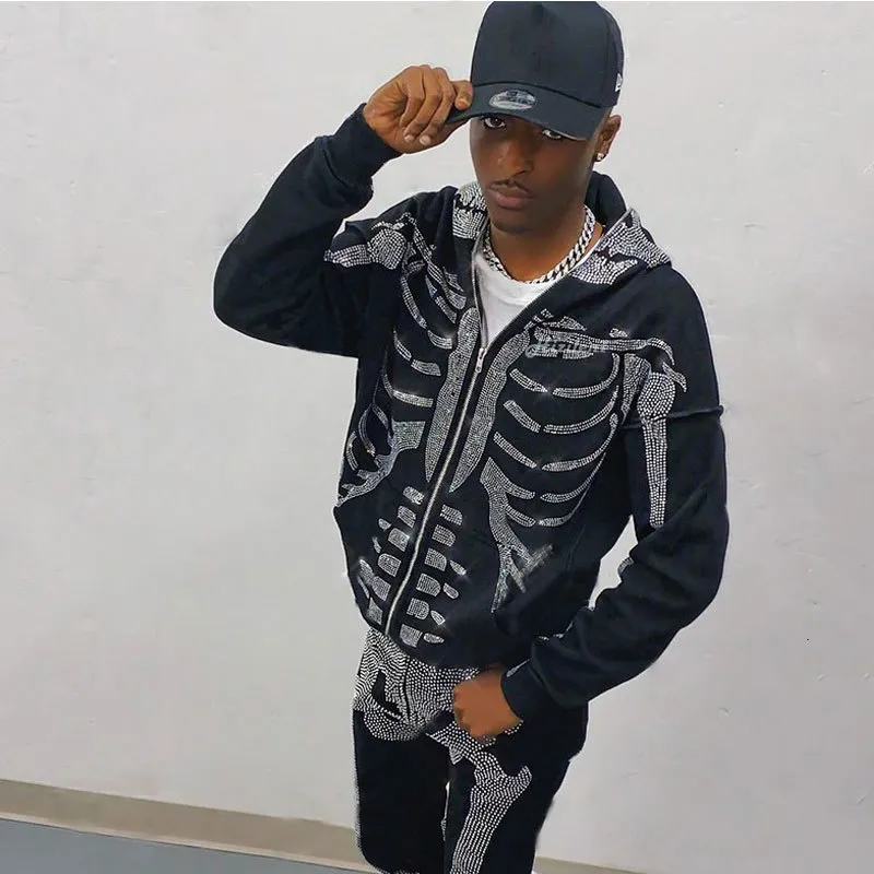 Мужские толстовки толстовок полной Zip Up Hoodie Skeleton Goth Sturtshirt Sport Pare Black с длинным рукавом негабаритный гранж Y2K Hip Hop Jacket 230216