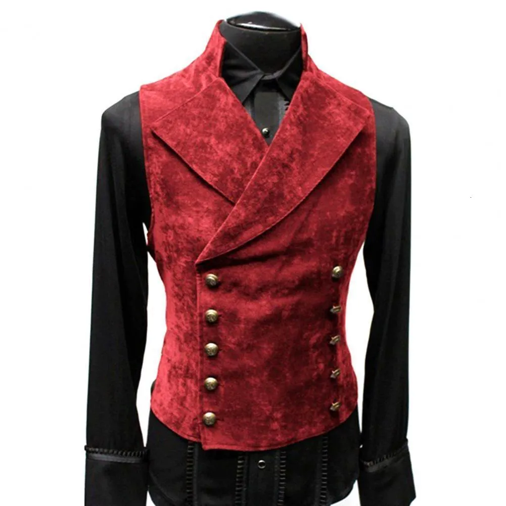 Men's Vests Vintage Red Suede Suit Vest Men Waistcoat Stand Collar Solid Color Double Breasted Slim-Fit Vest Steampunk Gilet Homme 230217