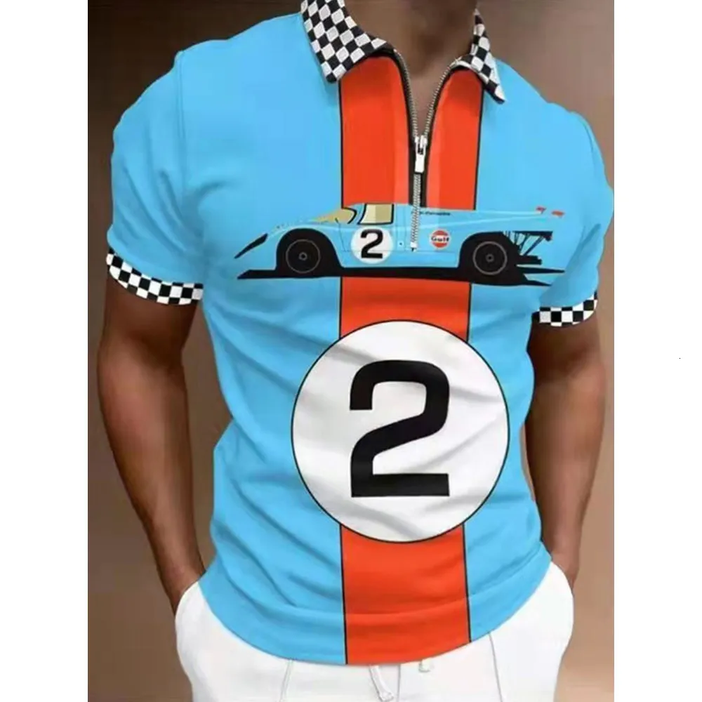 Herrpolos sommar Men racing Gulf Pattern Polo T-shirt Male Slå ner Collar dragkedja Slim Kort ärm Randkläder Fashion Streetwear 230217