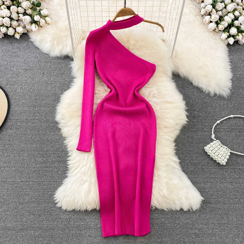 Casual Dresses Chic Sexy Elegant One Shoulder Slit Pencil Dress Fashion Slim Knit Long Sleeve birthday Party Vestidos Autumn Winter Women Robe Z0216