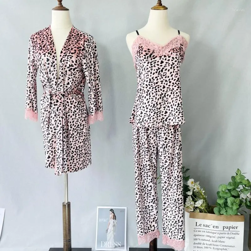 Per donna Indumenti da notte Pigiama Completo Pigiama Indumenti da notte Pizzo Abbigliamento per la casa Intimo Lingerie Casual Sexy Leopardato Manica lunga Velluto 3 pezzi Rosa