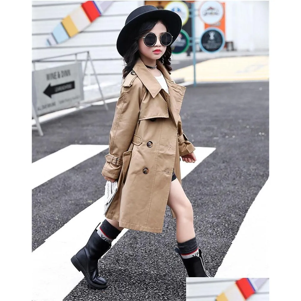 Coat 311 år stora flickor Trench Spring Autumn Casual Double Breasted Windbreaker Kids Kläder Fashion Children Outwear Drop Deliver Dhufv