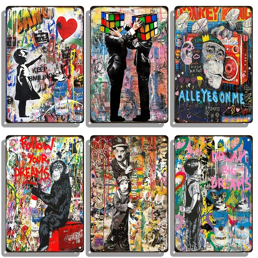 Pintura de graffiti Placa decorativa Estilo abstrato estilista Tin Metal Sign Girl With Balloon Decorative Billboard Art Board Home Personalizado Decorsize 30x20cm W02